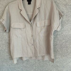 Tahari Light Beige Short Sleeve Button-Front Linen Shirt